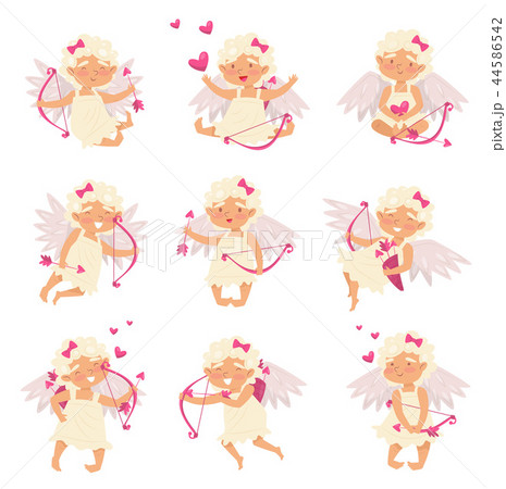 Flat vector set of adorable cupid in different actions. Angel of love. Cartoon little girl with 44586542