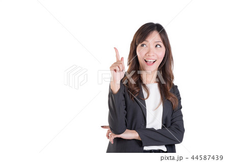 Business Woman Thinking Showing her Forefinger. 44587439