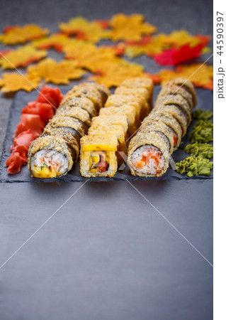 Fresh made Sushi set with salmon. Traditional Japanese food Fresh made Sushi set with salmon. Traditional Japanese food 44590397