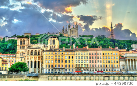 View of the Lyon Cathedral and the Basilica of Notre-Dame de Fourviere. Lyon, France 44590730