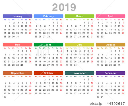 2019 year annual calendar (Monday first, English) 2019 year annual calendar (Monday first, English) 44592617