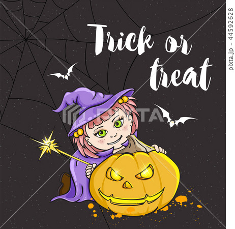 Halloween card with girl in witch costume 44592628
