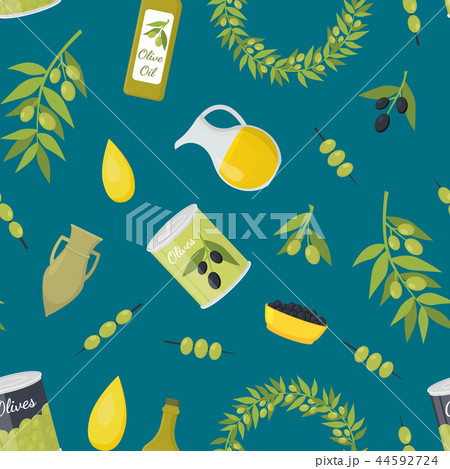 Cartoon Olive Oil Elements Seamless Pattern Background. Vector 44592724