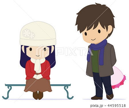可愛い恋人たち ベンチで待ち合わせ 冬のイラスト素材 44595518 Pixta
