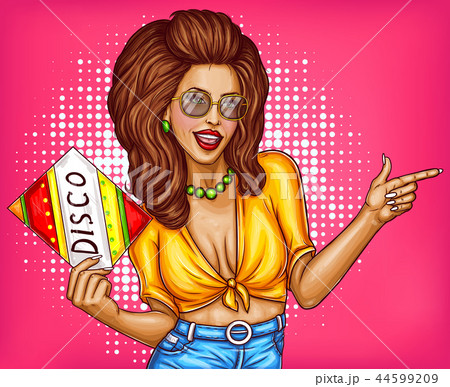 pin up disco woman in fashion glasses with lush hairdo, holding audio disk. Pop art dancer concept pin up disco woman in fashion glasses with lush hairdo, holding audio disk. Pop art dancer concept 44599209