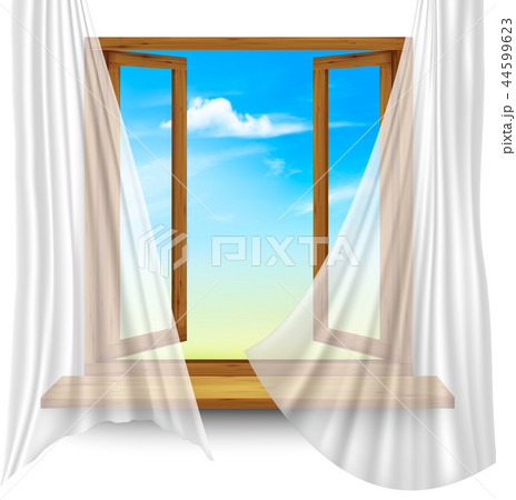 Wooden window frame with curtains 44599623