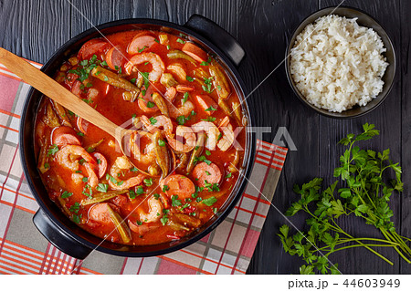 hot gumbo with prawns, sausage, okra 44603949