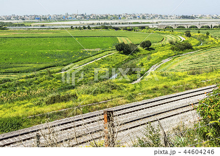 Agriculture scenic view of green fields, river 44604246