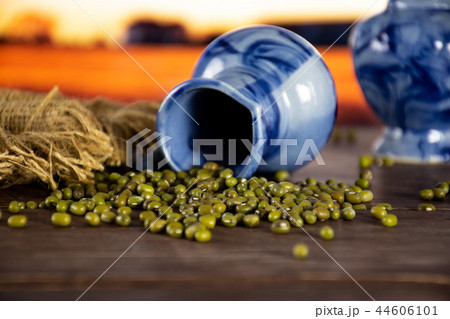 Dry green mung beans with autumn field behind Dry green mung beans with autumn field behind 44606101