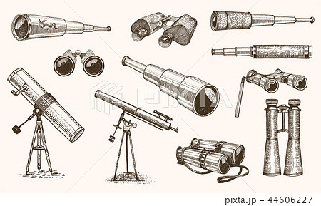 Binoculars or field glasses. Military set. vintage telescopes and optical equipment. engraved hand 44606227