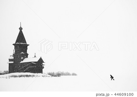 landscape in russian kizhi church winter view / winter season snowfall in landscape with church architecture 44609100