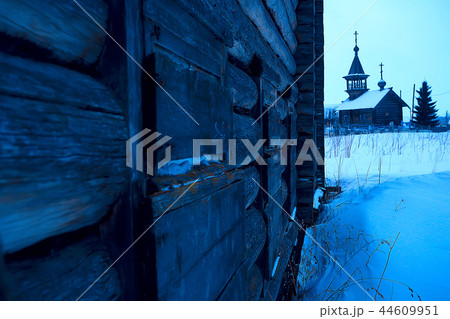 landscape in russian kizhi church winter view / winter season snowfall in landscape with church architecture 44609951