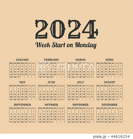 2024 year vintage calendar. Weeks start on monday - Stock