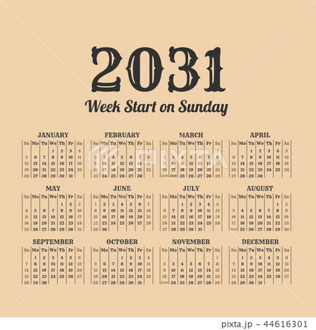 2031 year vintage calendar. Weeks start on sunday - Stock