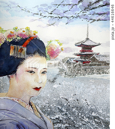 清水寺と舞妓さん 京都 雪景色 舞妓さん 日本観光 Kyoto 京都名所のイラスト素材