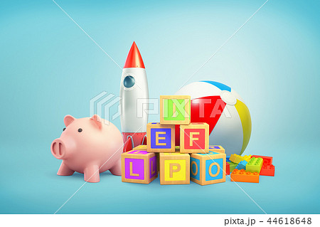 3d rendering of piggy bank, several alphabet cubes, toy blocks, a rocket and a large inflated 44618648