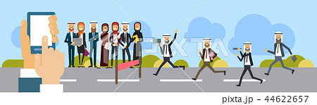 arab businessman crossing finish line, hand hold gadget, wear office suit, leader in race tape 44622657