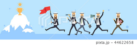 arab businessman jumping with flag over iceberg with winner cup prize background. business success 44622658