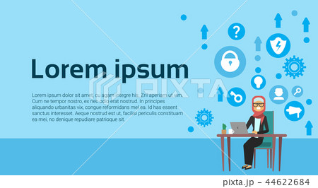 arab businesswoman sitting at office desk hold laptop, new idea icon concept, business woman hard arab businesswoman sitting at office desk hold laptop, new idea icon concept, business woman hard 44622684