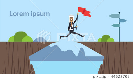 arab businessman jumping with flag over obstacles over chasm go to the opposite goal concept 44622705
