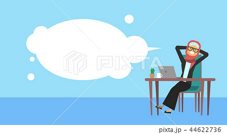 arab businesswoman sitting at office desk hold the head, bubbles, business woman cofee break concept 44622736