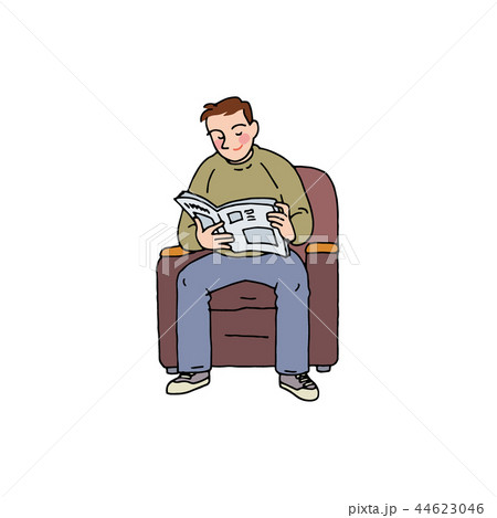 ソファで新聞を読むお兄さんのイラスト素材