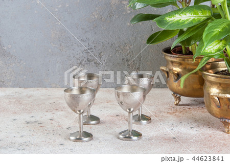 Vintage four silver goblet and green plants 44623841