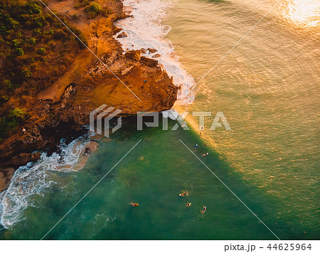 Aerial view of rocky shore with surfers, waves 44625964