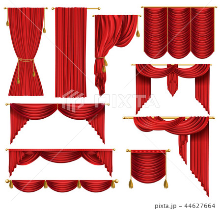 3d realistic set of red luxury curtains 44627664
