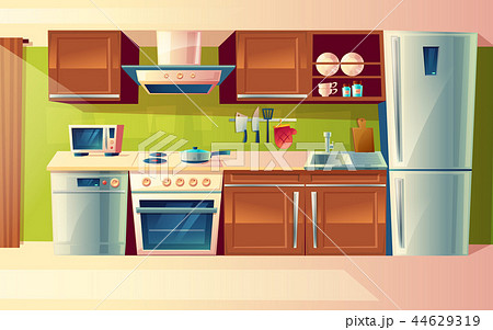 cartoon set of kitchen counter with appliances. Cupboard, furniture. Household objects, cooking cartoon set of kitchen counter with appliances. Cupboard, furniture. Household objects, cooking 44629319