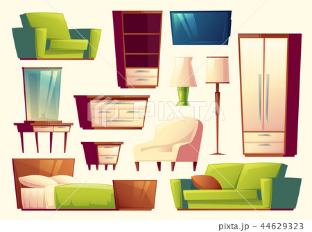 cartoon set of furniture - sofa, bed, closet, armchair, torchere, tv set for bedroom, lounge 44629323