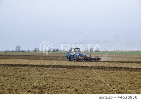 Lush and loosen the soil on the field before sowing. The tractor plows a field with a plow 44630950