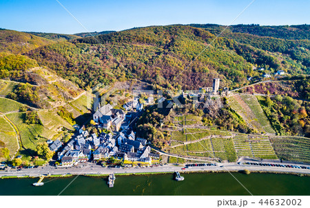 Aerial view of Beilstein town with Metternich Castle at the Moselle River in Germany 44632002