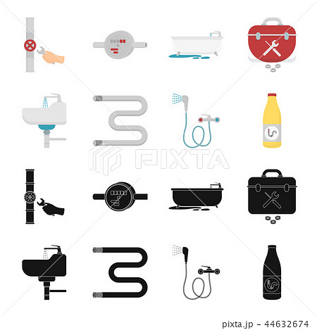 Washbasin, heated towel-dryer, mixer, showers and other equipment.Plumbing set collection icons in 44632674