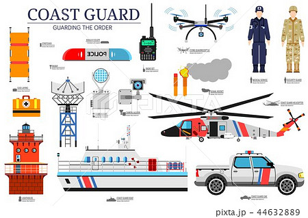coast guard day flat icoms set. Guarding the order background. Devices infographic concept. Layout 44632889