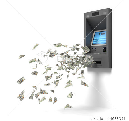 3d rendering of a wall bank ATM machine with green banknotes flying out of it. 3d rendering of a wall bank ATM machine with green banknotes flying out of it. 44633391