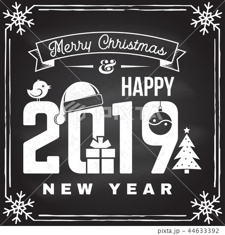 Merry Christmas and 2019 Happy New Year stamp, sticker set with snowflakes, hanging christmas ball 44633392
