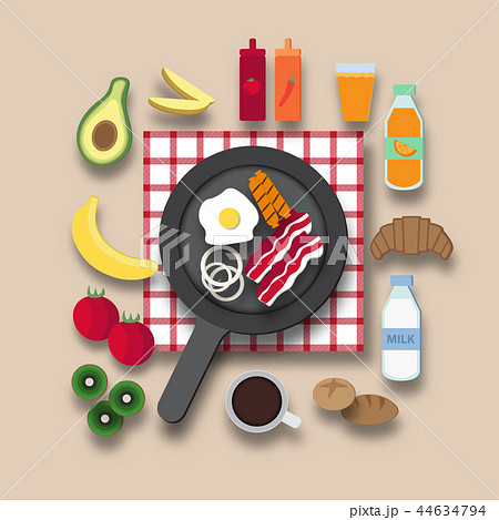 Breakfast sets with bacon , fried egg and sausages 44634794