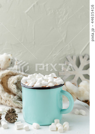 Mug of cocoa with marshmallows and winter decor Mug of cocoa with marshmallows and winter decor 44635416