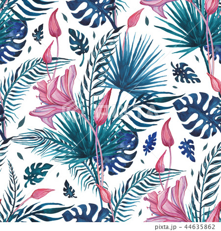 Beautiful Tropical flowers, seamless pattern. Watercolor hand drawn illustration, exotic background Beautiful Tropical flowers, seamless pattern. Watercolor hand drawn illustration, exotic background 44635862