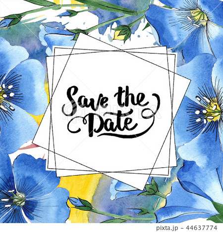 Watercolor blue flax flower. Floral botanical flower. Frame border ornament square. 44637774