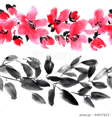 Watercolor pattern of blossom sakura flowers with leaves 44637823