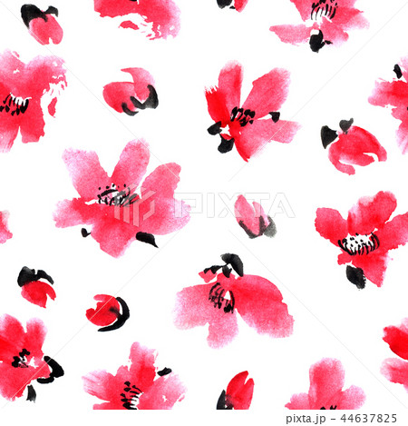 Watercolor pattern of pink sakura flowers and buds 44637825