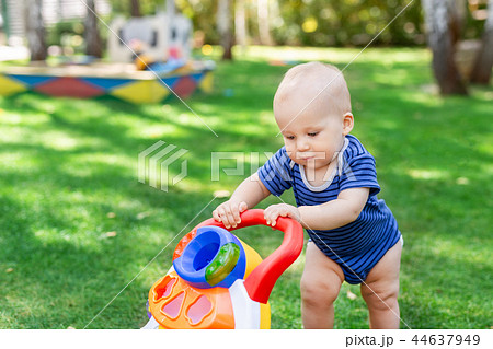 Cute little boy learning to walk with walker toy on green grass lawn at backyard. Baby laughing and 44637949