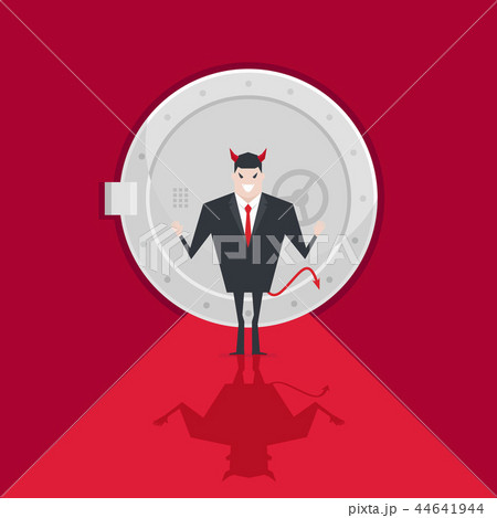 Devil businessman standing in front of a safe door 44641944
