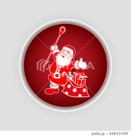 Round red white composition with Santa Claus with staff and a bag of stars and various gifts. Round red white composition with Santa Claus with staff and a bag of stars and various gifts. 44653599