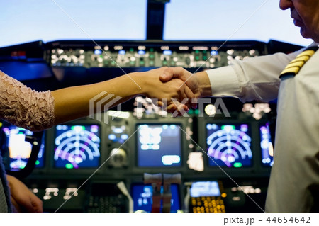 Man and woman shake hands in the cockpit of passenger plane 44654642