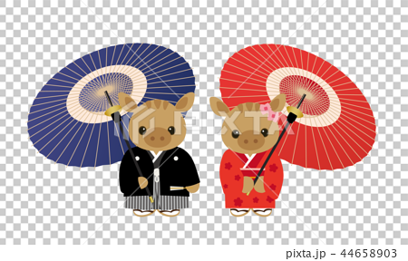 和傘をさす着物を着たイノシシのイラストのイラスト素材