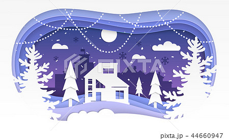 Winter landscape - modern vector paper cut illustration Winter landscape - modern vector paper cut illustration 44660947