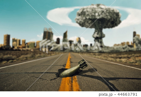 Bomb on the road. Background a nuclear explosion. 44663791